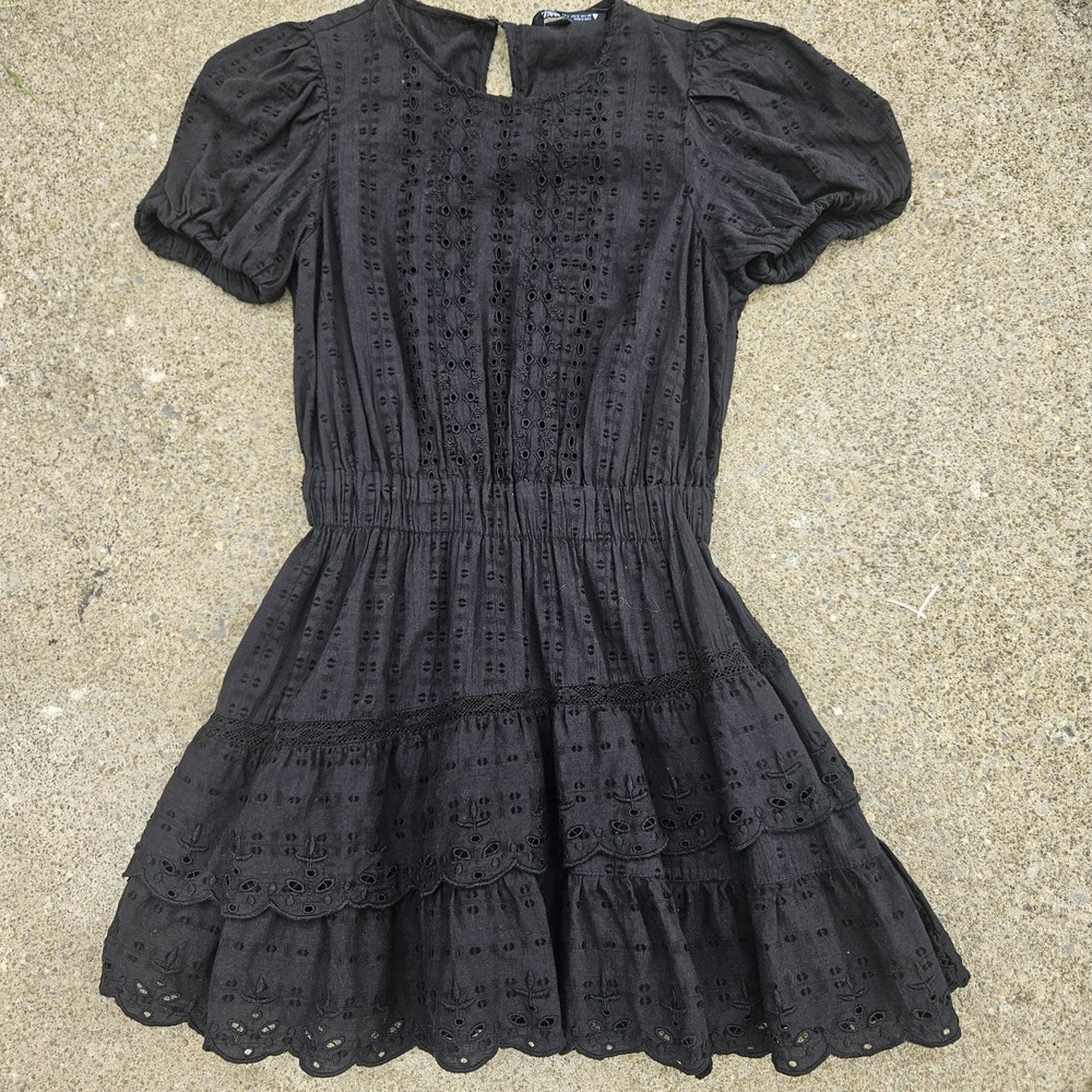 Zara S Tiered Layered Dress Mini Black Smocked Eyelet Puff Sleeve Boho Gothic